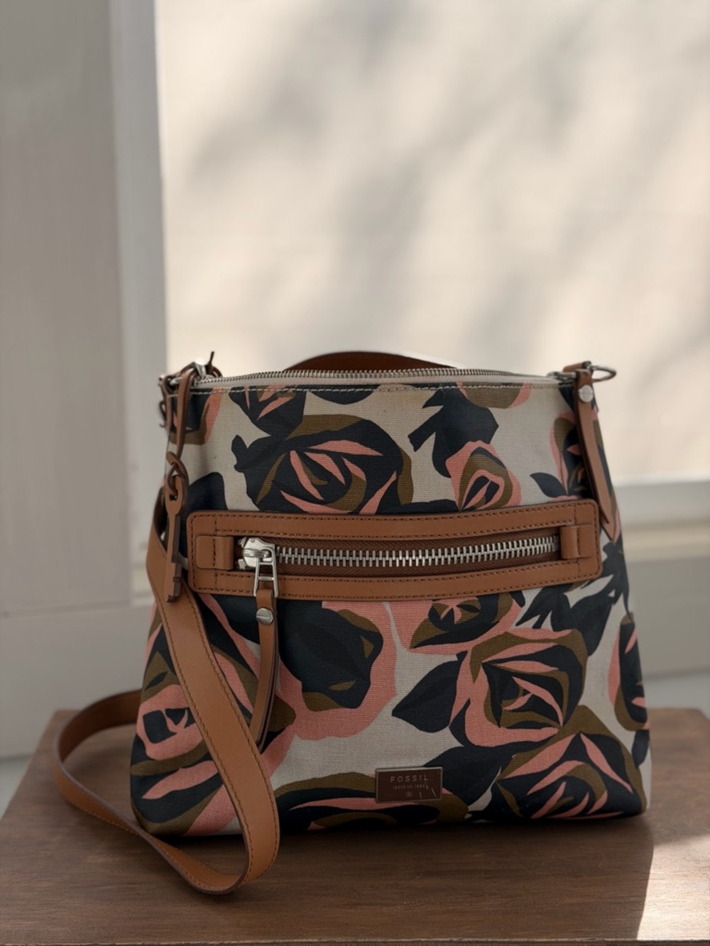 Fossil Tan, Pink & Black Floral Crossbody Bag
